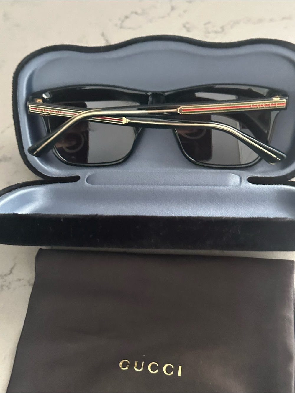 Gucci Men’s Black Sunglasses with Gold and Red-Green Stripe Accents - Picture 6 of 8